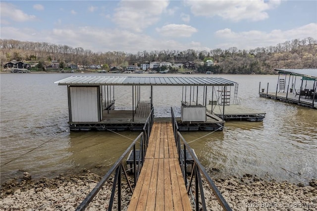 dock area featuring boat lift and a water view