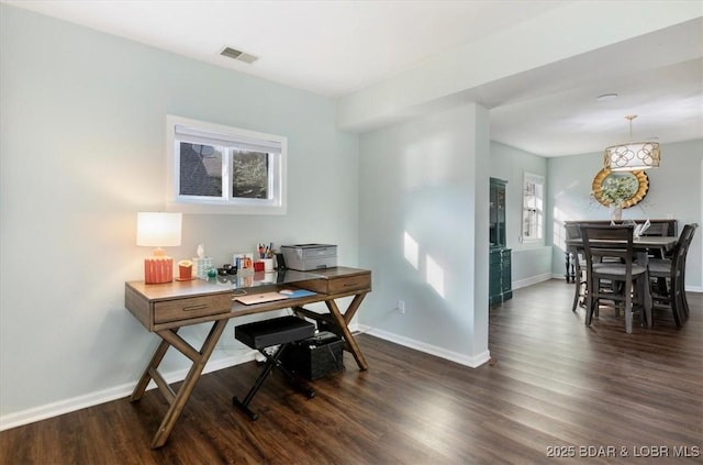 office area featuring dark wood-style floors, baseboards, visible vents, and a wealth of natural light