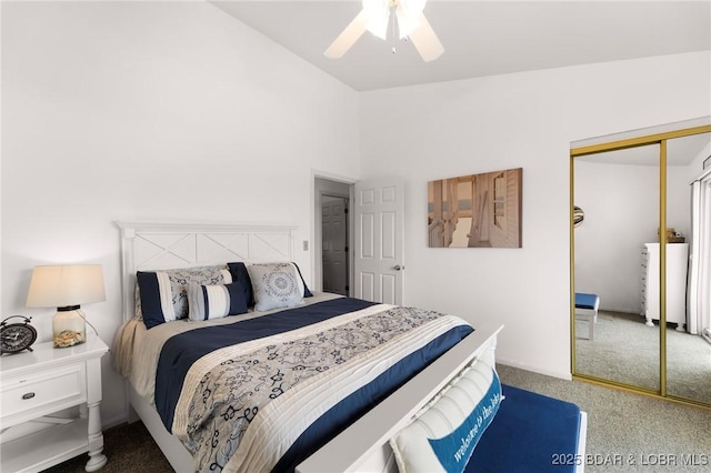 70 Ravenwood Dr, Lake Ozark, MO 65049 - carpeted bedroom featuring vaulted ceiling, a closet, and a ceiling fan