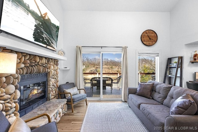 living room featuring wood finished floors, a high ceiling, and a stone fireplace