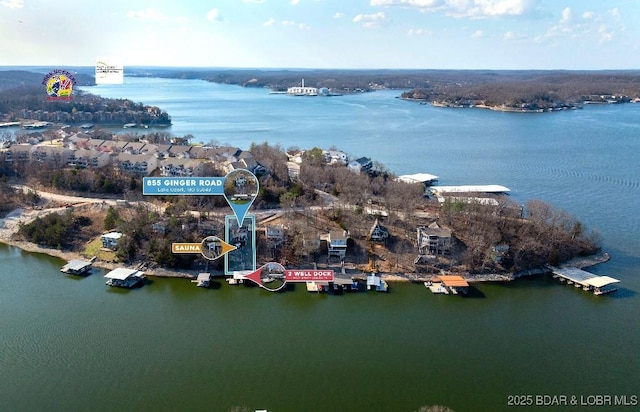 drone / aerial view featuring a water view