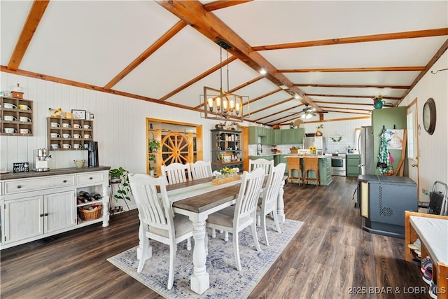14671 Old Marvin Rd, Versailles, MO 65084 - dining space featuring a chandelier, dark wood-style flooring, lofted ceiling with beams, and wooden walls
