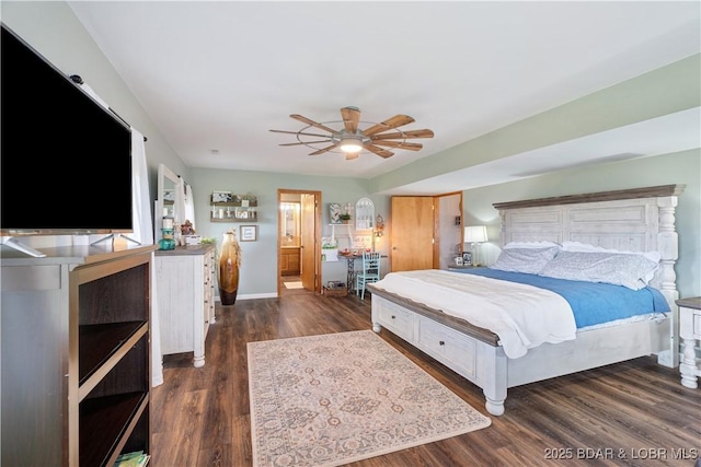 14671 Old Marvin Rd, Versailles, MO 65084 - bedroom featuring ceiling fan, baseboards, and dark wood-style floors