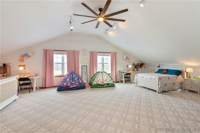 14671 Old Marvin Rd, Versailles, MO 65084 - bedroom featuring rail lighting, ceiling fan, vaulted ceiling, and carpet floors