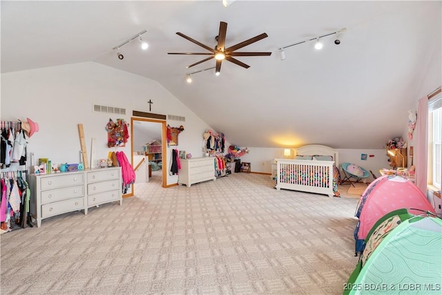 14671 Old Marvin Rd, Versailles, MO 65084 - carpeted bedroom featuring track lighting, visible vents, and vaulted ceiling
