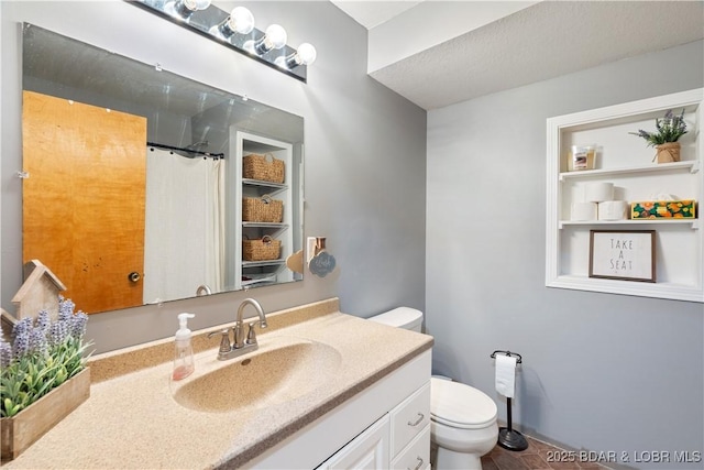 14671 Old Marvin Rd, Versailles, MO 65084 - full bath with tile patterned floors, toilet, curtained shower, and vanity