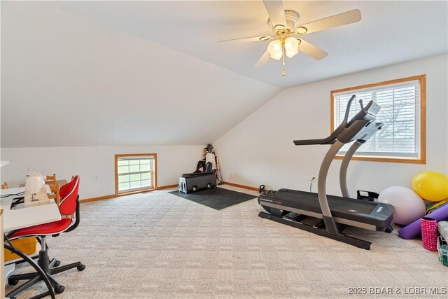 14671 Old Marvin Rd, Versailles, MO 65084 - exercise area with ceiling fan, carpet flooring, baseboards, and lofted ceiling