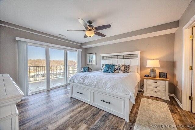 1359 Seascape Ln Unit A-501, Osage Beach, MO 65065 - bedroom with access to exterior, dark wood finished floors, and a ceiling fan