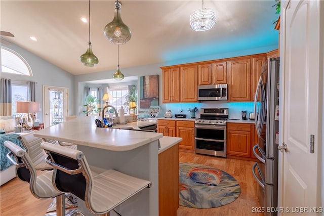 5218 Big Ship St, Osage Beach, MO 65065 - kitchen with vaulted ceiling, light wood-style flooring, light countertops, appliances with stainless steel finishes, and a sink