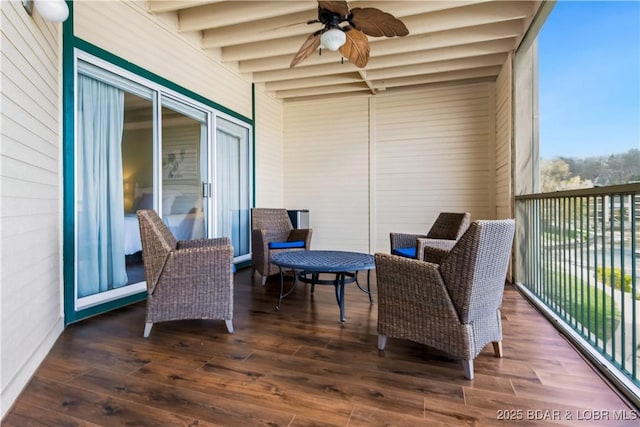 balcony featuring ceiling fan