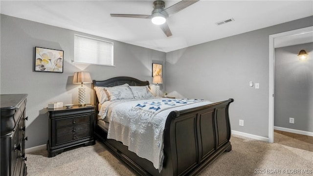 bedroom featuring light carpet, baseboards, visible vents, and ceiling fan