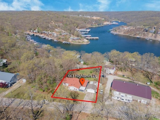 663 Highlands Dr, Camdenton, MO 65020 - bird's eye view featuring a forest view and a water view
