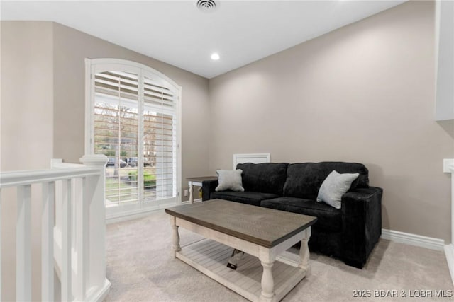 275 Waterford Ter, Sunrise Beach, MO 65079 - living room with baseboards, visible vents, recessed lighting, and light colored carpet