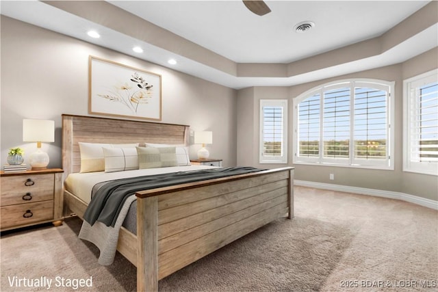 275 Waterford Ter, Sunrise Beach, MO 65079 - bedroom with baseboards, light carpet, visible vents, and recessed lighting