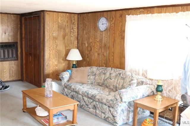 30718 Honeysuckle Rd, Gravois Mills, MO 65037 - carpeted living room featuring wood walls and an AC wall unit