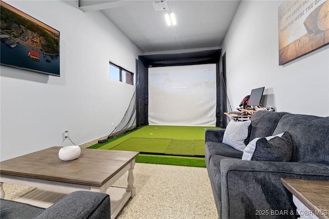 407 Waterford Ter, Sunrise Beach, MO 65079 - interior space featuring speckled floor and golf simulator