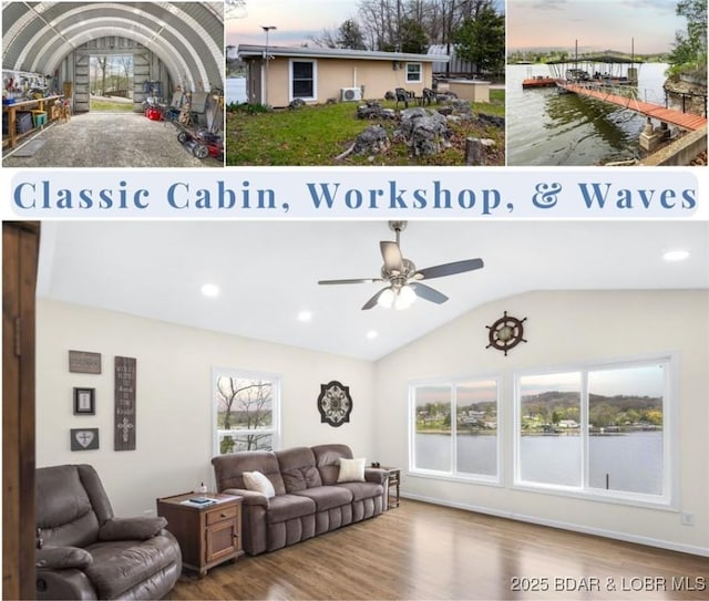 living area featuring ceiling fan, vaulted ceiling, wood finished floors, and a water view