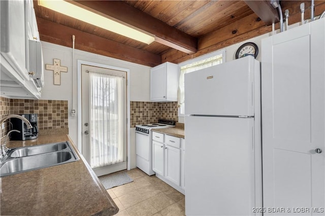 kitchen featuring plenty of natural light, wooden ceiling, white appliances, and a sink