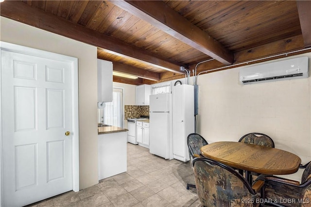dining space featuring light tile patterned flooring, a wall mounted air conditioner, beam ceiling, and wood ceiling