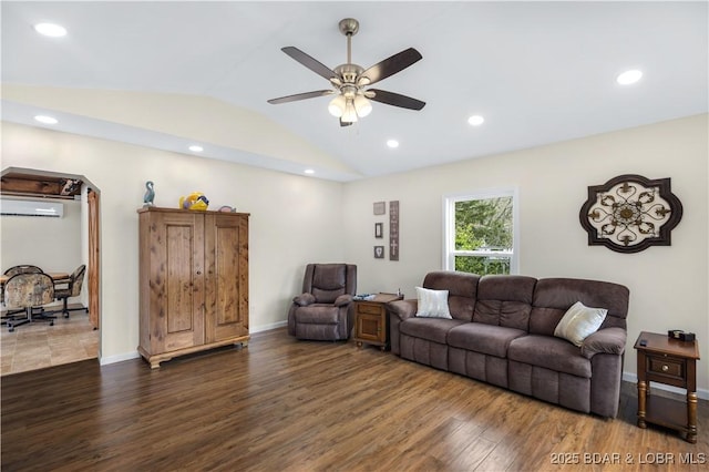 living area featuring ceiling fan, vaulted ceiling, dark wood-type flooring, and recessed lighting