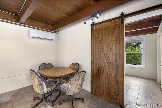 dining space featuring beamed ceiling, wooden ceiling, an AC wall unit, and tile patterned flooring