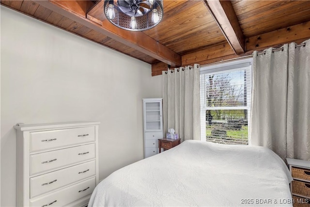 bedroom with wooden ceiling and beam ceiling