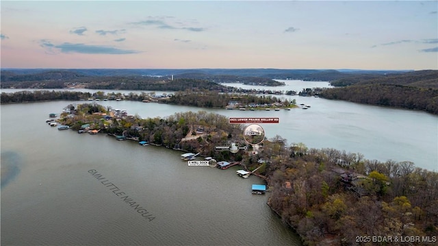 aerial view at dusk featuring a water view