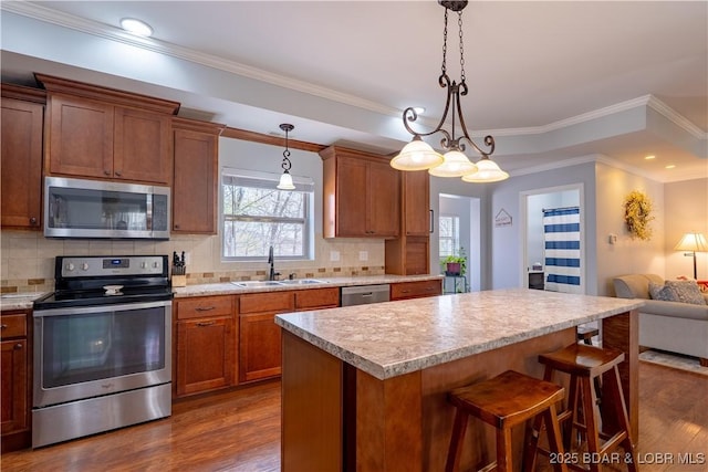kitchen featuring appliances with stainless steel finishes, a sink, dark wood-type flooring, and plenty of natural light