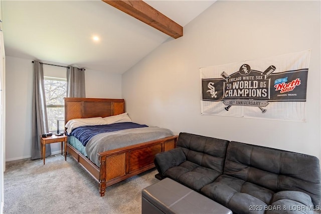 bedroom featuring carpet floors and vaulted ceiling with beams