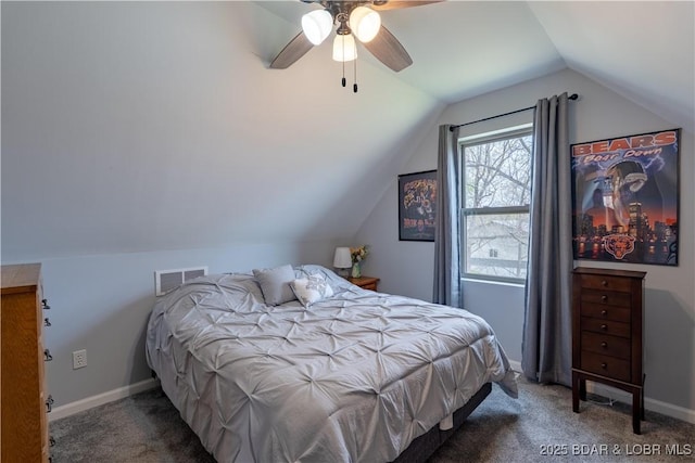 bedroom with baseboards, visible vents, carpet, lofted ceiling, and ceiling fan