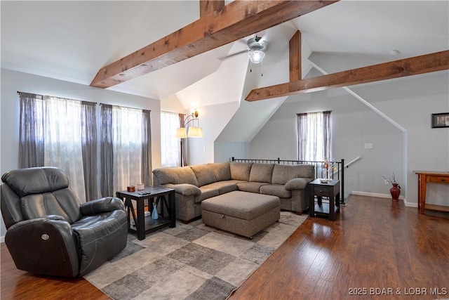 living room featuring baseboards, a ceiling fan, wood finished floors, and vaulted ceiling with beams