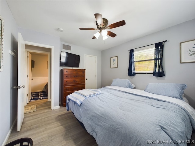 24930 Leona Ln, Versailles, MO 65084 - bedroom with light wood-type flooring, visible vents, baseboards, and ceiling fan
