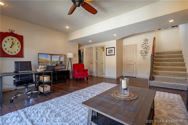 6605 Saint Moritz Dr, Osage Beach, MO 65065 - living room featuring baseboards, recessed lighting, wood finished floors, stairs, and ceiling fan