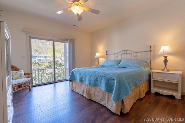 6605 Saint Moritz Dr, Osage Beach, MO 65065 - bedroom featuring dark wood-type flooring, access to exterior, a ceiling fan, and visible vents