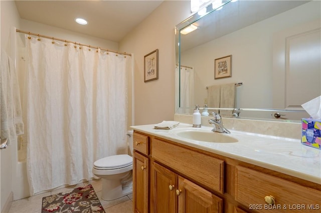 6605 Saint Moritz Dr, Osage Beach, MO 65065 - full bath featuring shower / bath combo with shower curtain, vanity, tile patterned flooring, and toilet