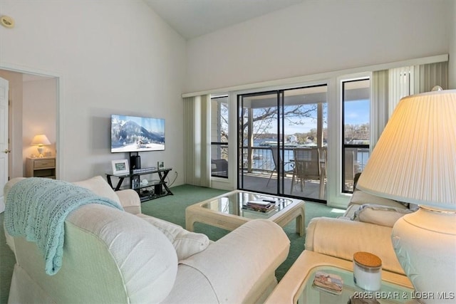 living room featuring carpet floors and lofted ceiling