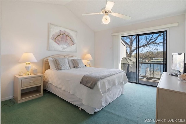 bedroom featuring lofted ceiling, access to exterior, carpet flooring, and ceiling fan