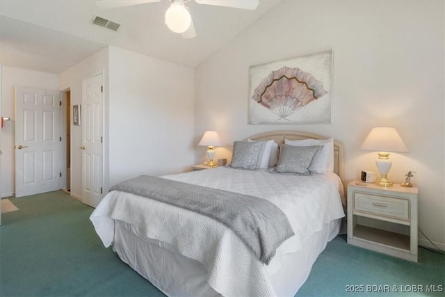carpeted bedroom with vaulted ceiling, visible vents, and a ceiling fan