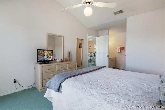 bedroom featuring ceiling fan, vaulted ceiling, visible vents, and carpet flooring