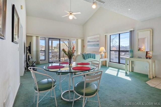 31 Willow Ridge Rd Unit 4B, Lake Ozark, MO 65049 - dining room with carpet flooring, ceiling fan, high vaulted ceiling, and a textured ceiling