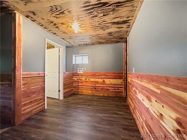 3053 Doc Ridgeway Dr, Roach, MO 65787 - unfurnished room featuring a wainscoted wall, dark wood-type flooring, wooden walls, wood ceiling, and lofted ceiling