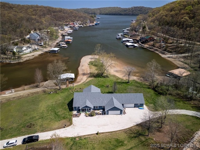bird's eye view featuring a water view and a wooded view