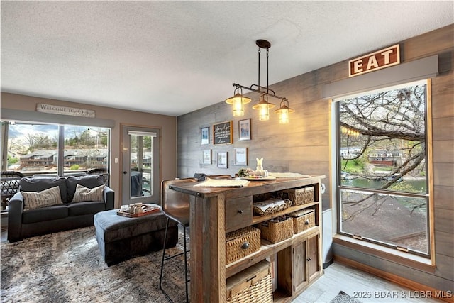 dining room with a textured ceiling