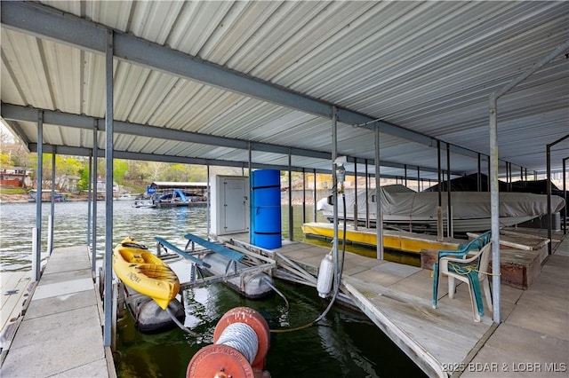 dock area with boat lift and a water view