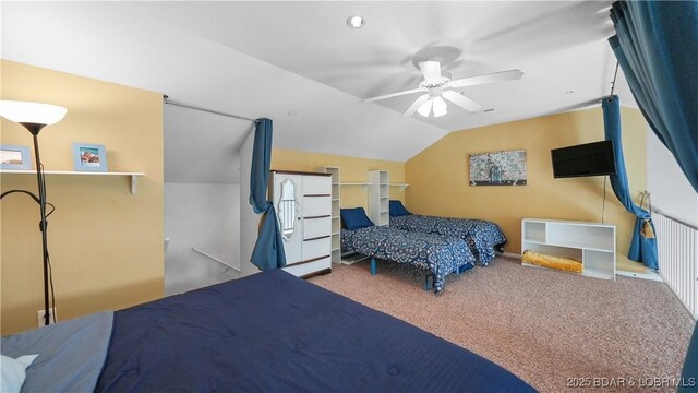 75 Cedar Heights Ln Unit 4D, Camdenton, MO 65020 - bedroom featuring carpet floors, lofted ceiling, and ceiling fan