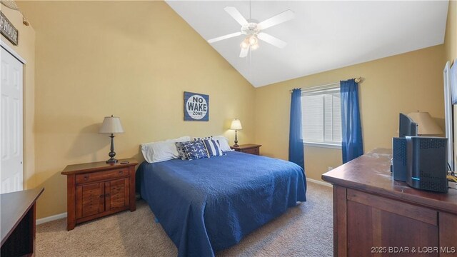 75 Cedar Heights Ln Unit 4D, Camdenton, MO 65020 - bedroom with carpet, vaulted ceiling, and ceiling fan