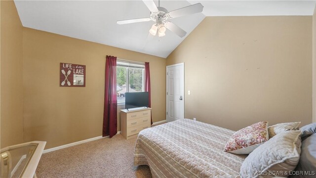 75 Cedar Heights Ln Unit 4D, Camdenton, MO 65020 - bedroom featuring lofted ceiling, light colored carpet, and a ceiling fan