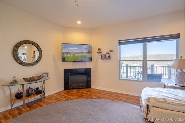 living area with wood finished floors, a glass covered fireplace, baseboards, and recessed lighting
