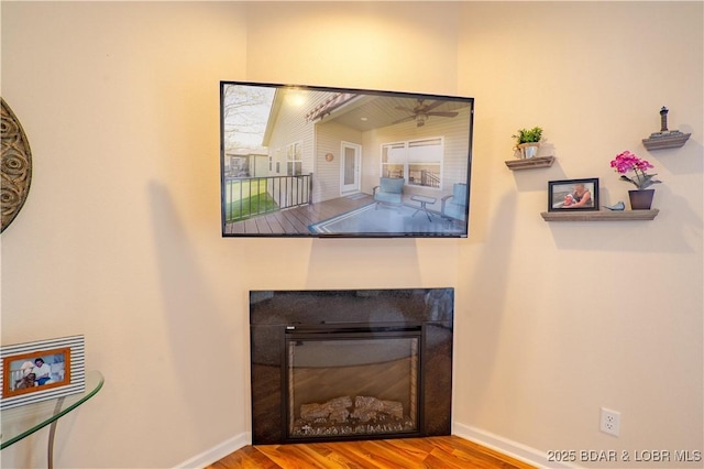 detailed view of wood finished floors, a glass covered fireplace, and baseboards