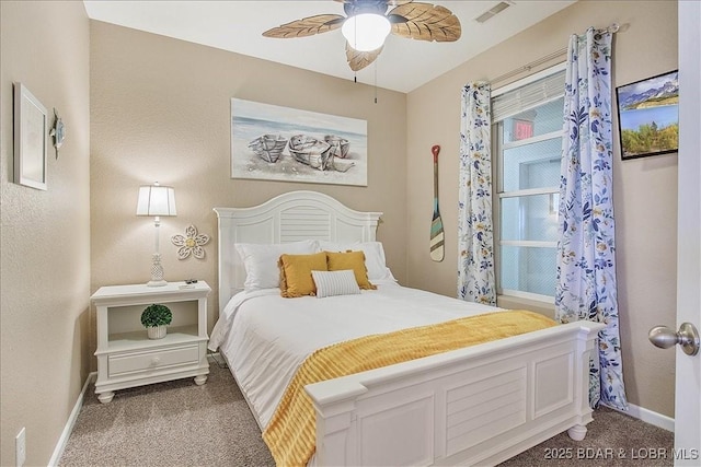 carpeted bedroom with ceiling fan, baseboards, and visible vents